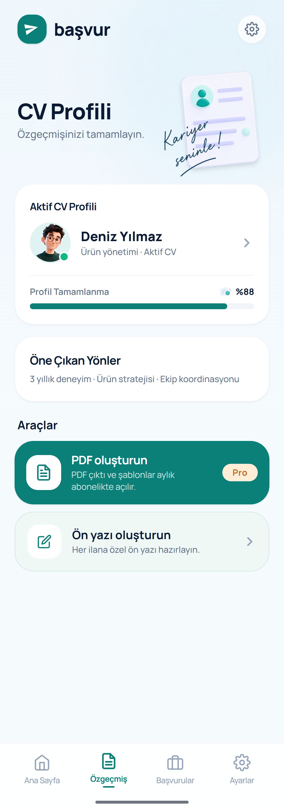 Başvur özgeçmiş ekranı