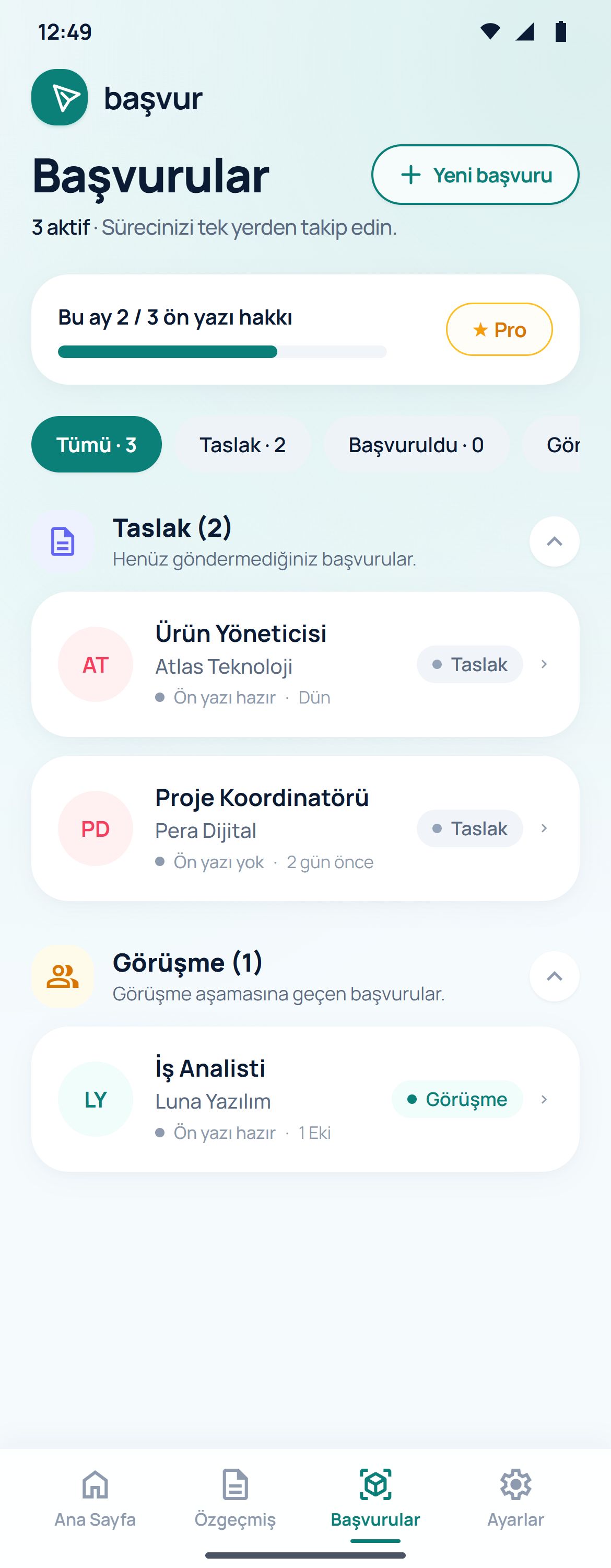 Başvur başvuru takibi ekranı
